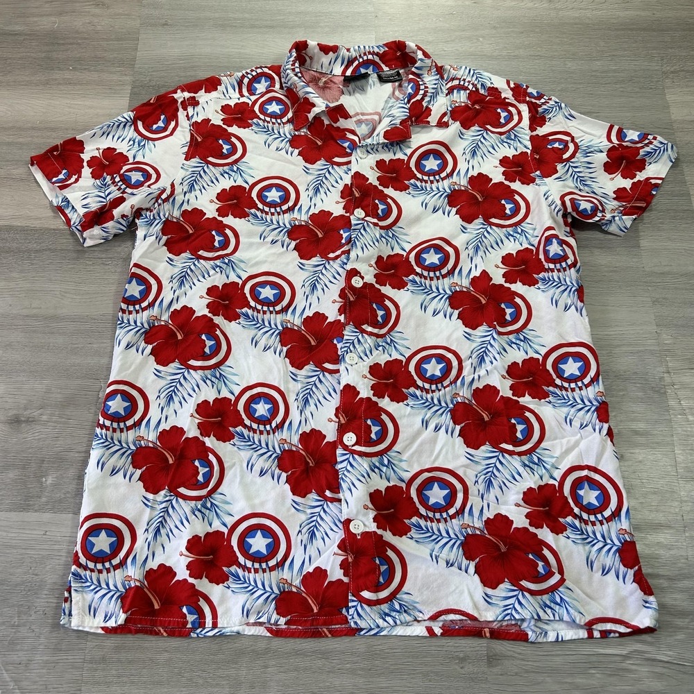 Marvel Shirt Mens Medium Captain America Hawaiian Floral Short Sleeve Button Up